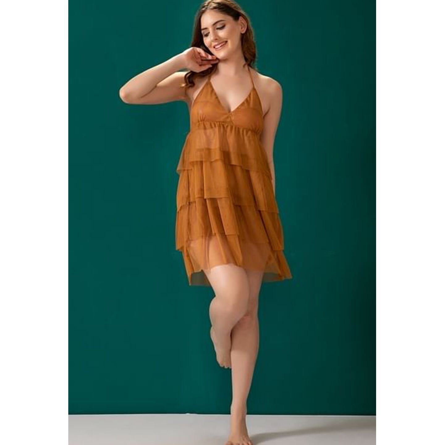 Sheer Tiered Halter Babydoll in Mustard Yellow
