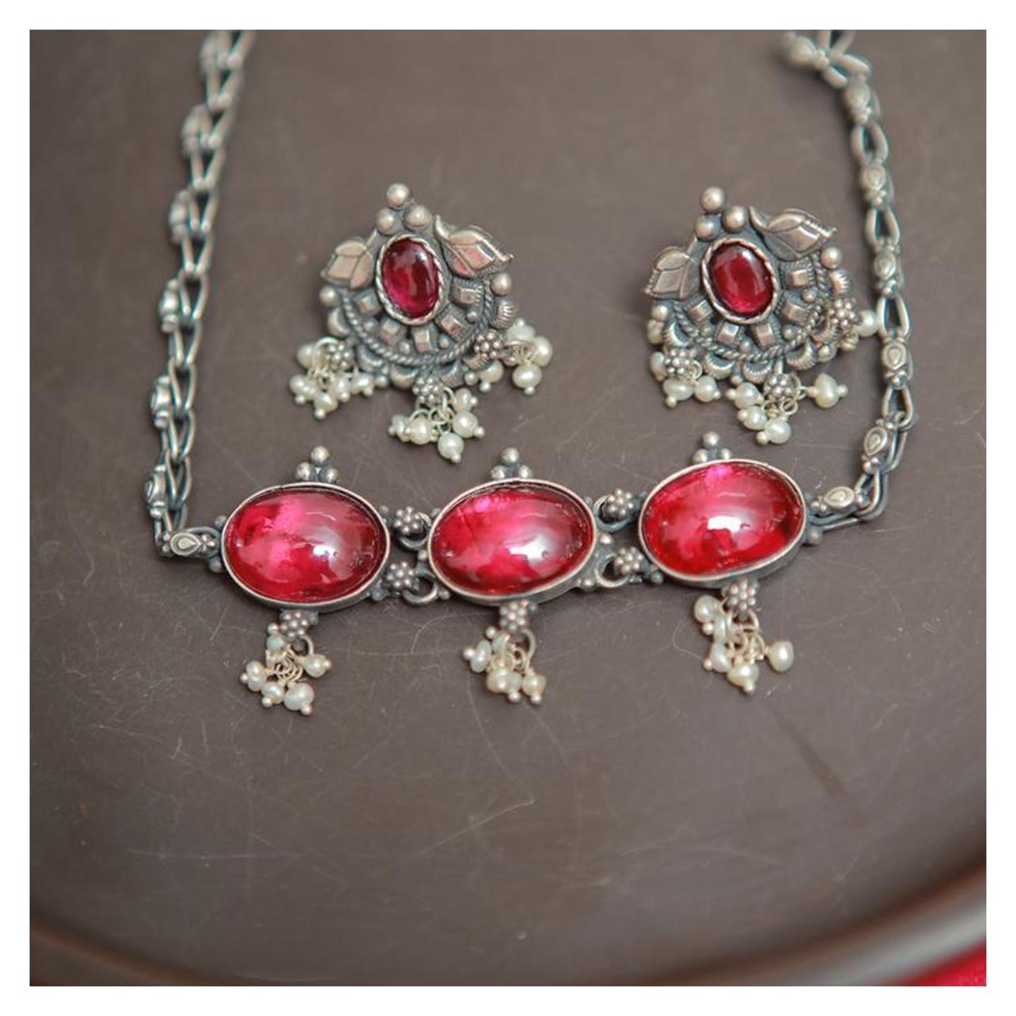 Silver Choker with Red Stones and Earrings