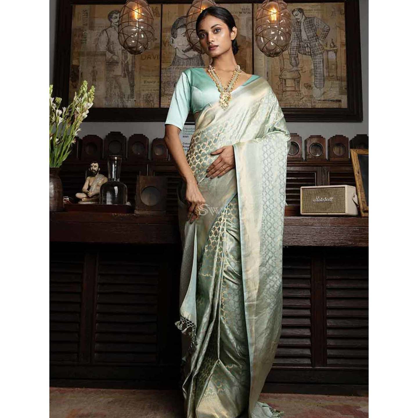 Pastel Mint Blue Jaal Satin Brocade Handloom Banarasi Saree