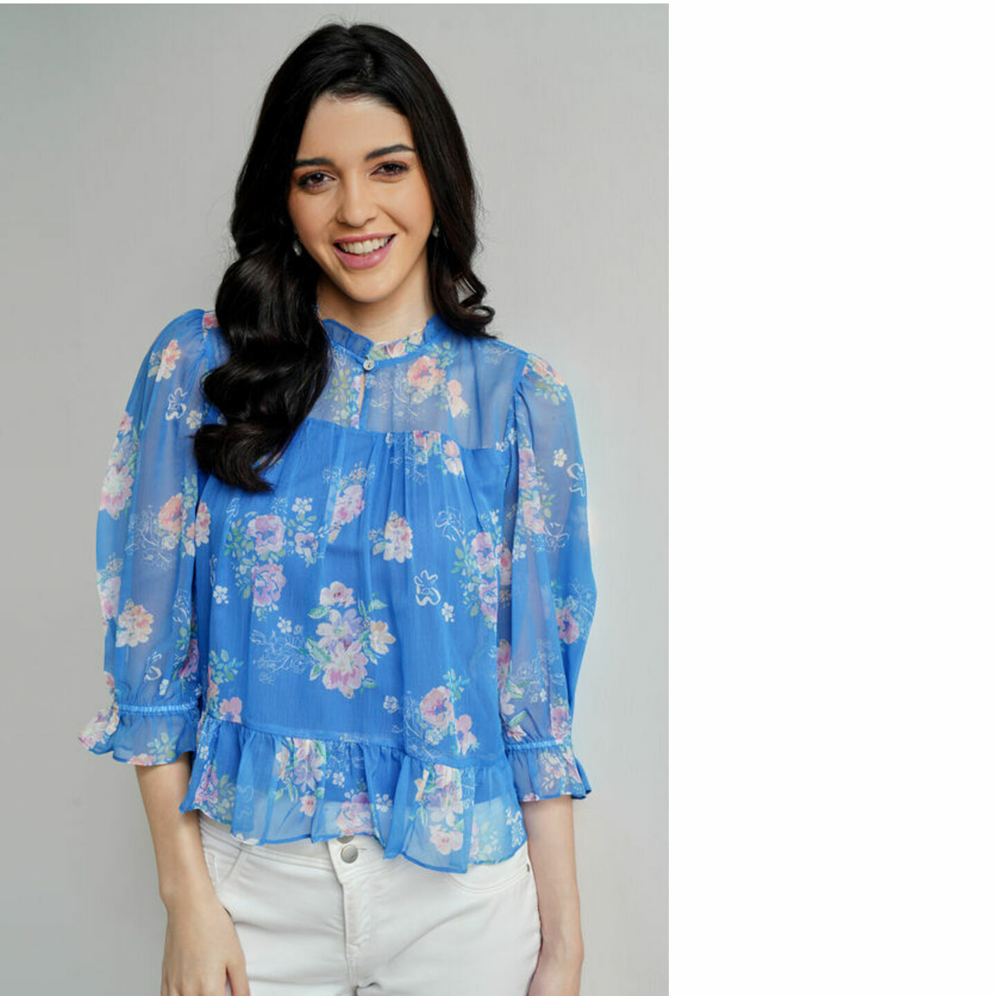 Blue Floral Flared Top