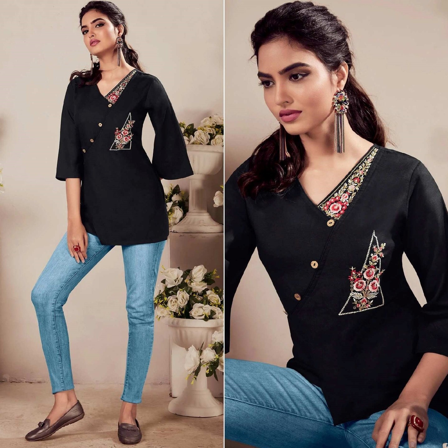 Black Casual Wear Floral Embroidered Rayon Top 