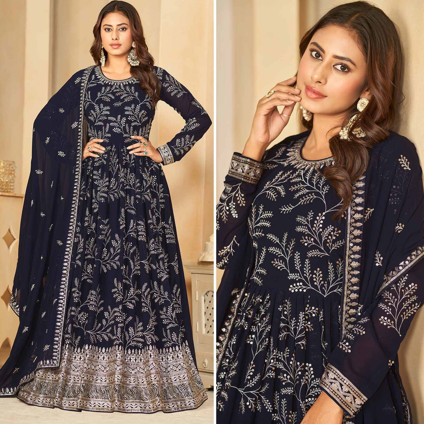 Blue Sequins Embroidered Georgette Anarkali Style Semi-Stitched Gown  Size- Semi-Stitched