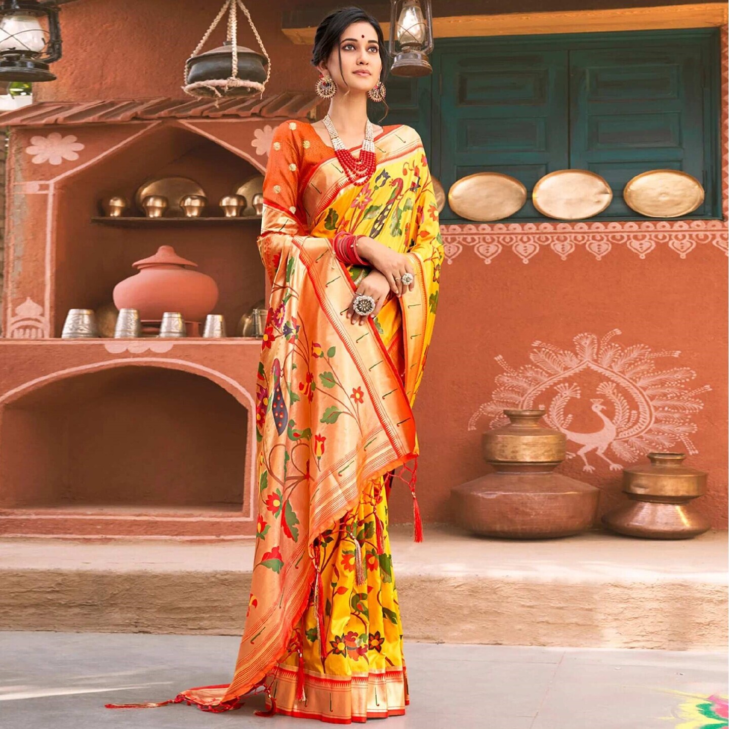 Yellow Floral Woven Banarasi Silk Saree With Tassels 