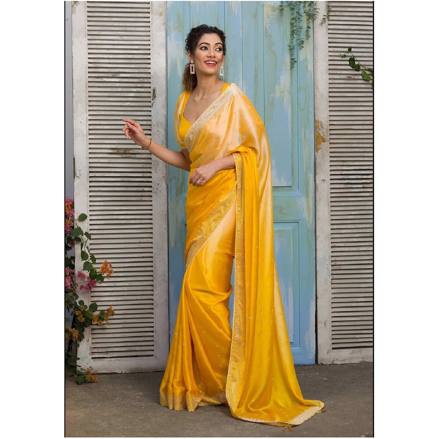 Yellow Swarovski Satin Designer Saree 