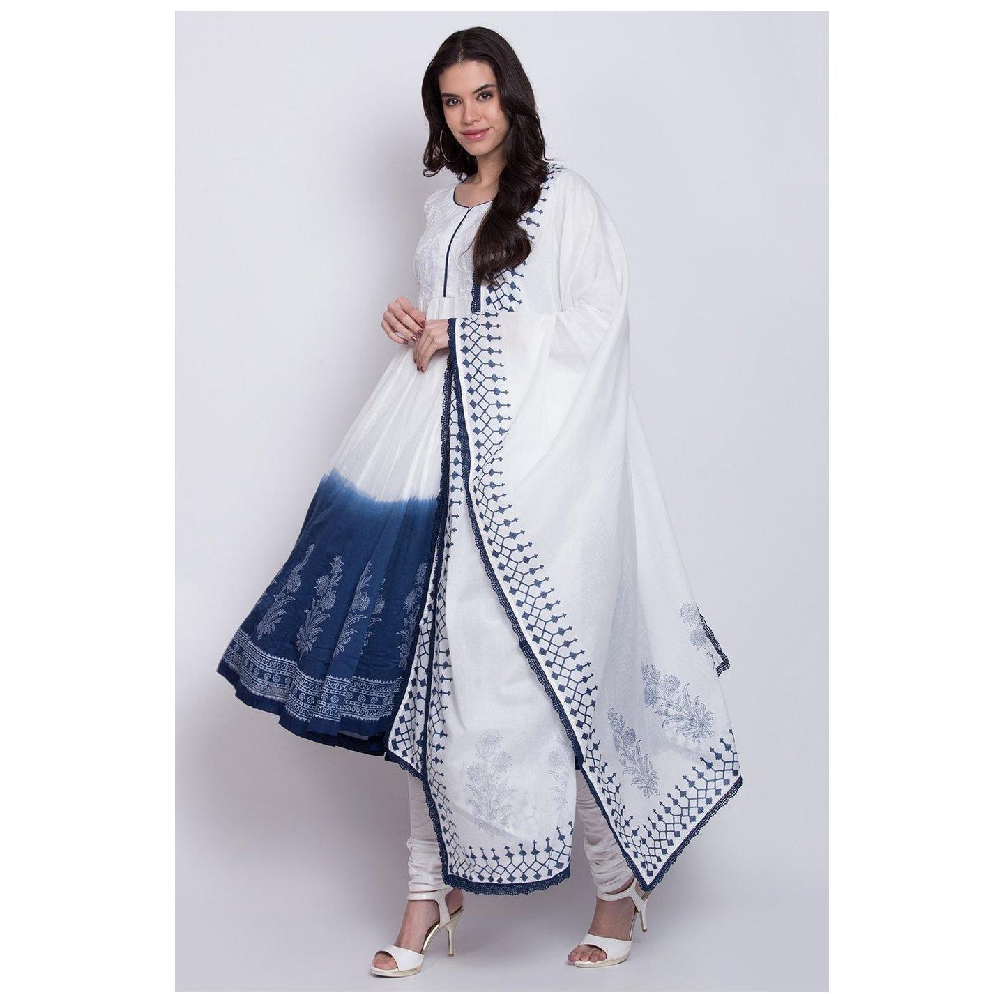 White And Blue Cotton Anarkali Suit Set White And Blue Cotton Anarkali Suit Set; Combines Kurta, Churidar & Dupatta