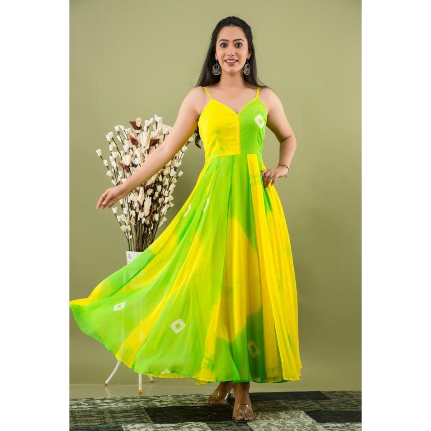 Yellow and Green Tie Dye A-Line Fit and Flare Maxi Dress