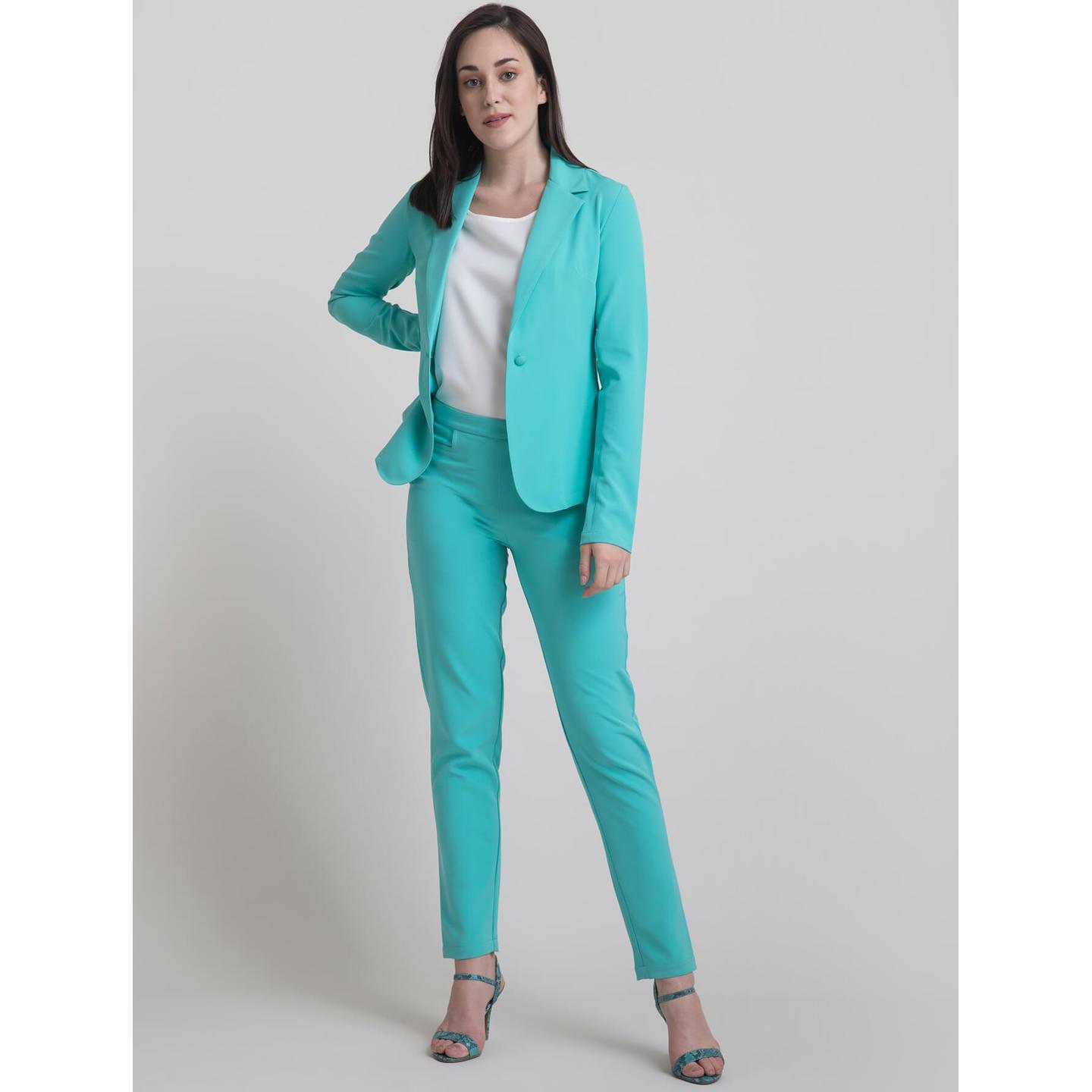 Single Breasted Jacket and Straight Fit Pants Co-ord - Aqua