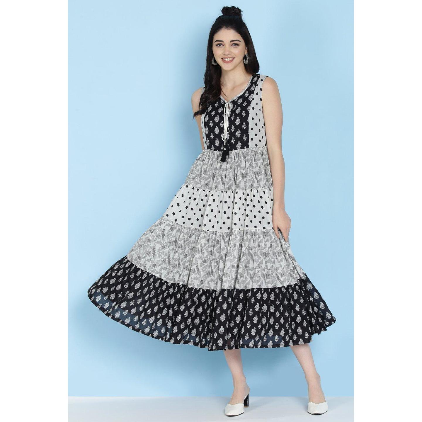 Black And White Cotton Fusion Wear Dress