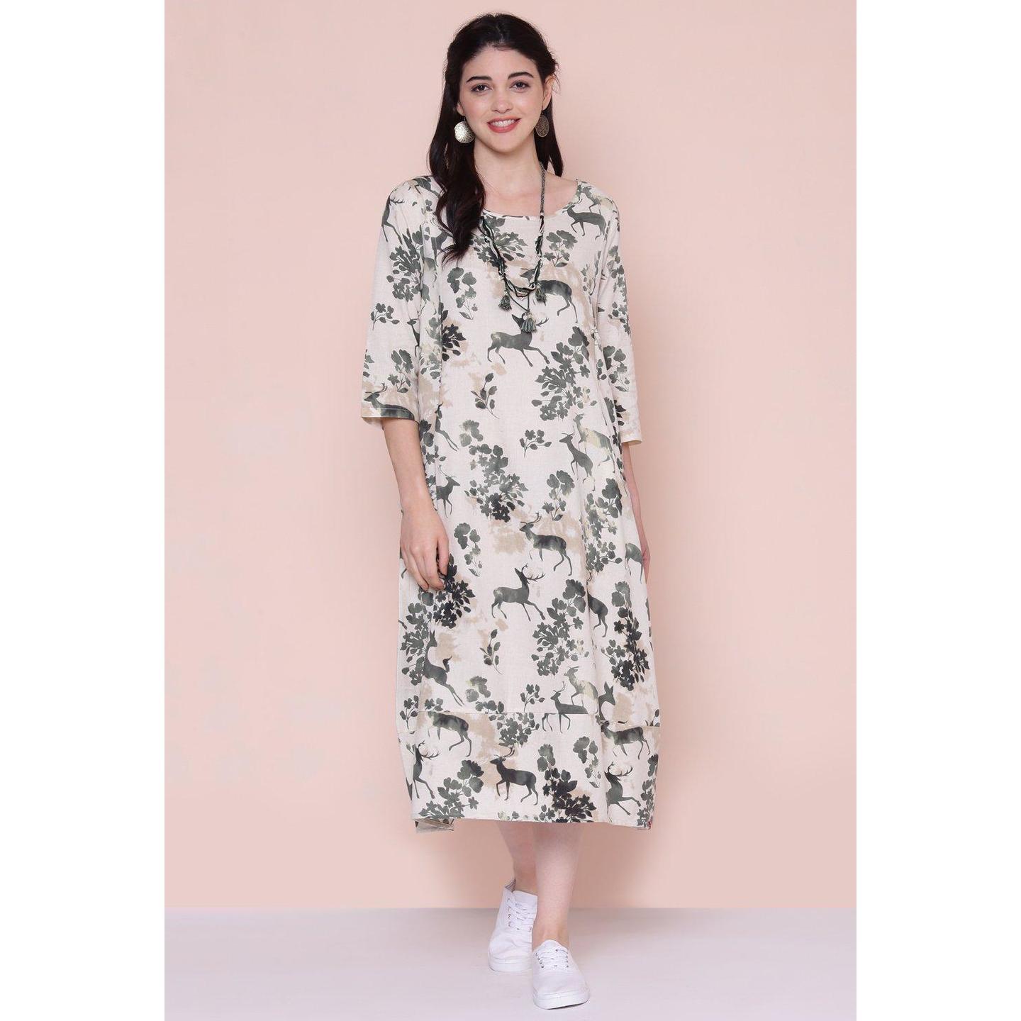 Off White Cotton Flax Kurta Dress