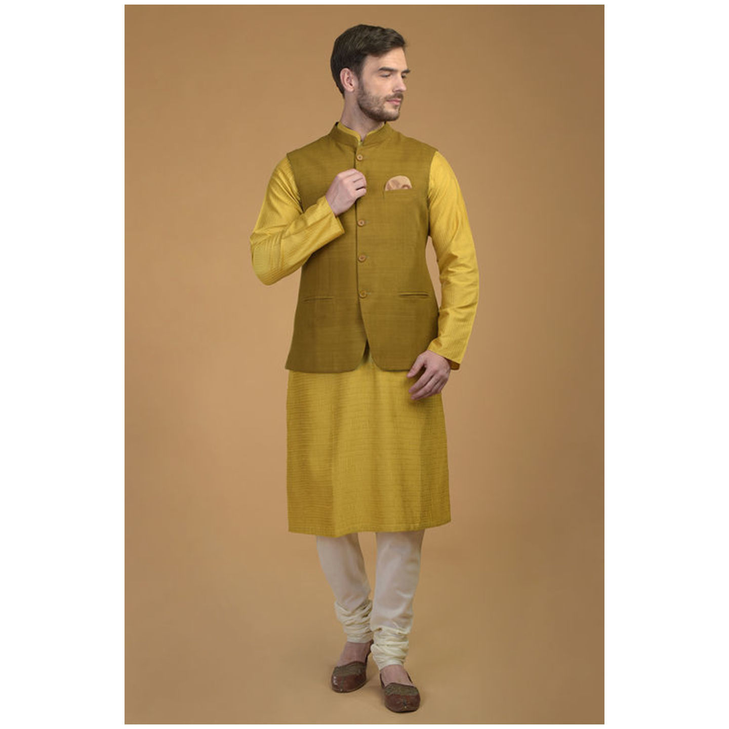 Sunglow Yellow Pintuck Kurta & Mustard Waistcoat Jacket Set