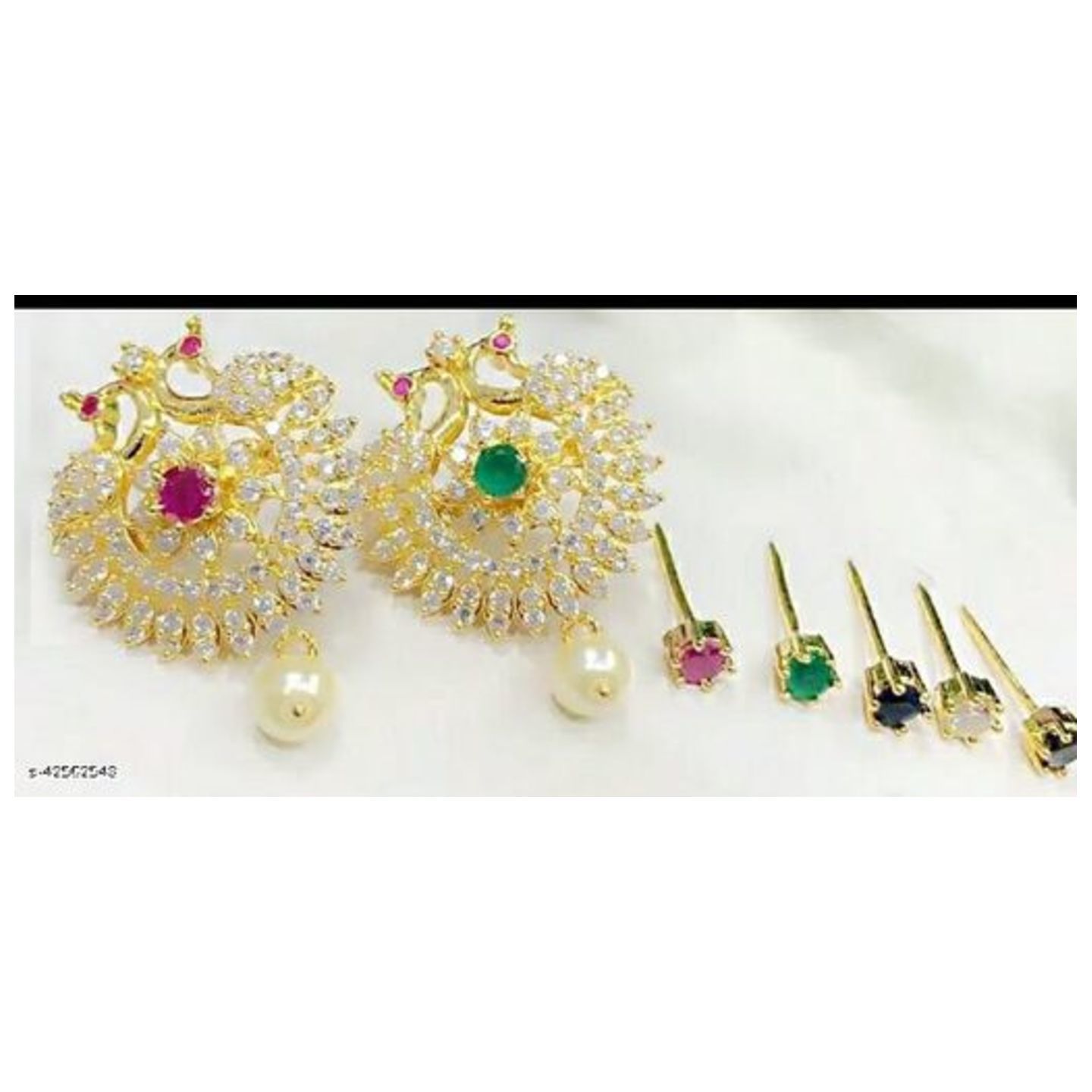 Gold-Plated AD Multi-color 5 In 1 Interchangeable Stud Style Earrings For Women & Girls