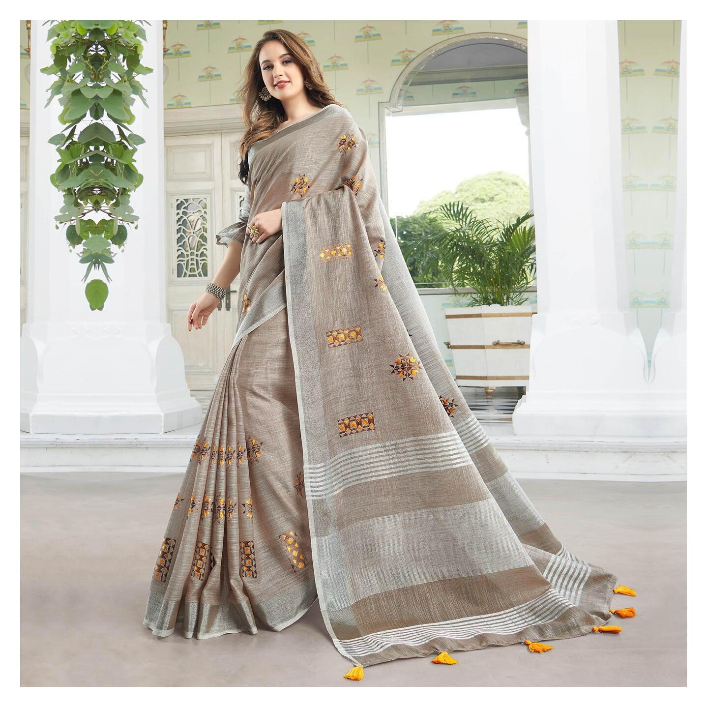 Classy Pastel Brown Colored Casual Wear Floral Embroidered Linen-Cotton Saree With Tassels 