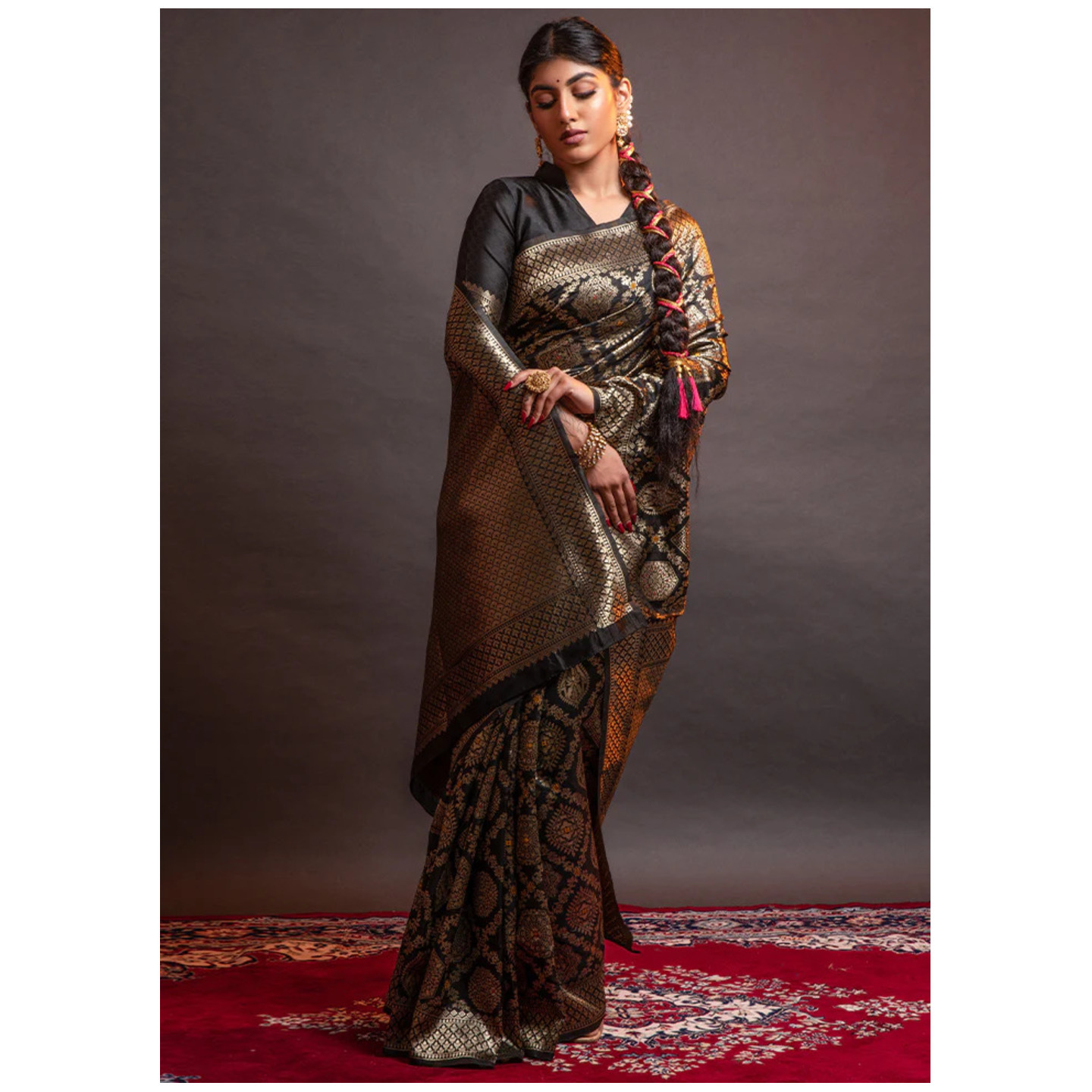 Black Spun Silk Saree With Blouse Piece 