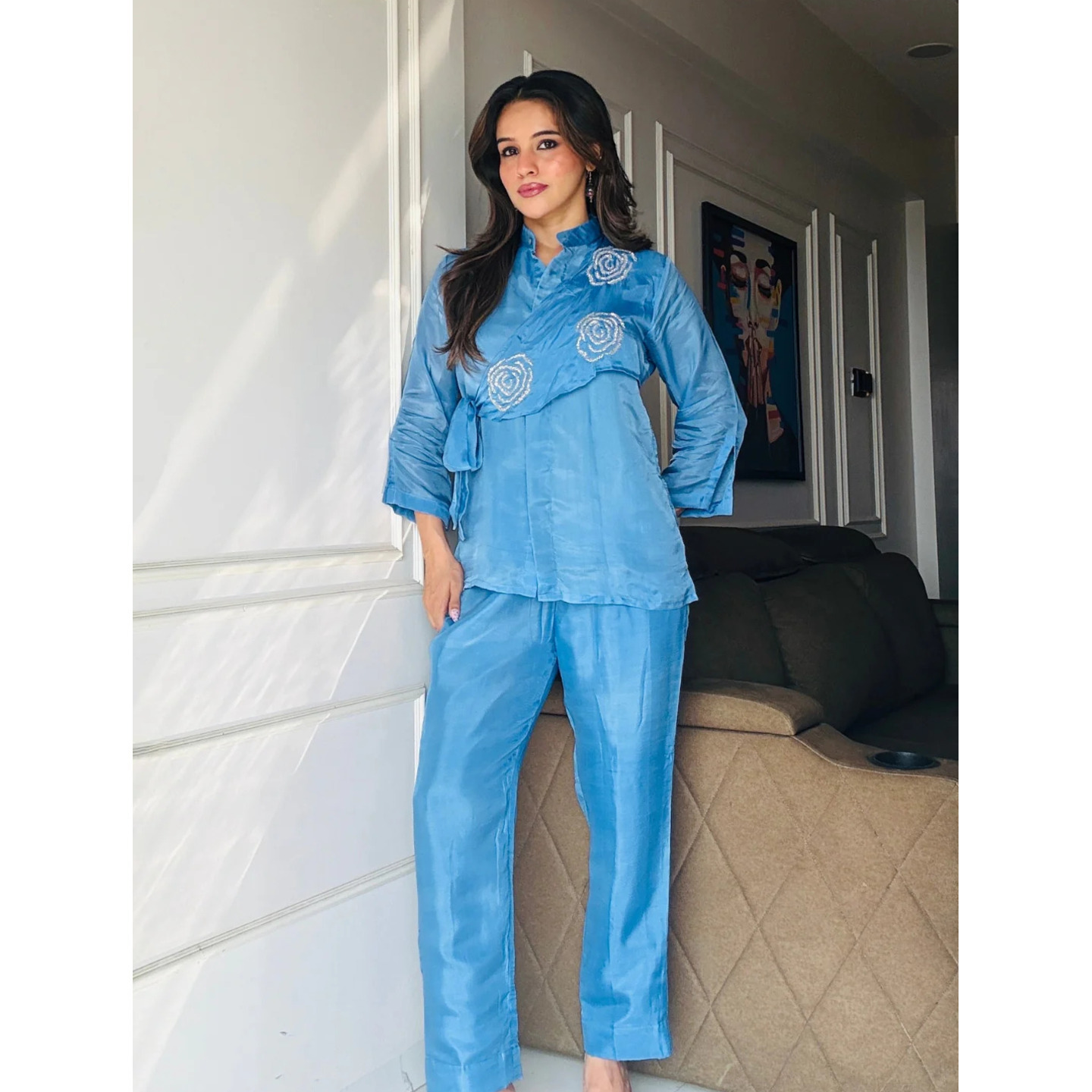 Blue Summer Silk Co-ord Set With Cutwork Detailing 