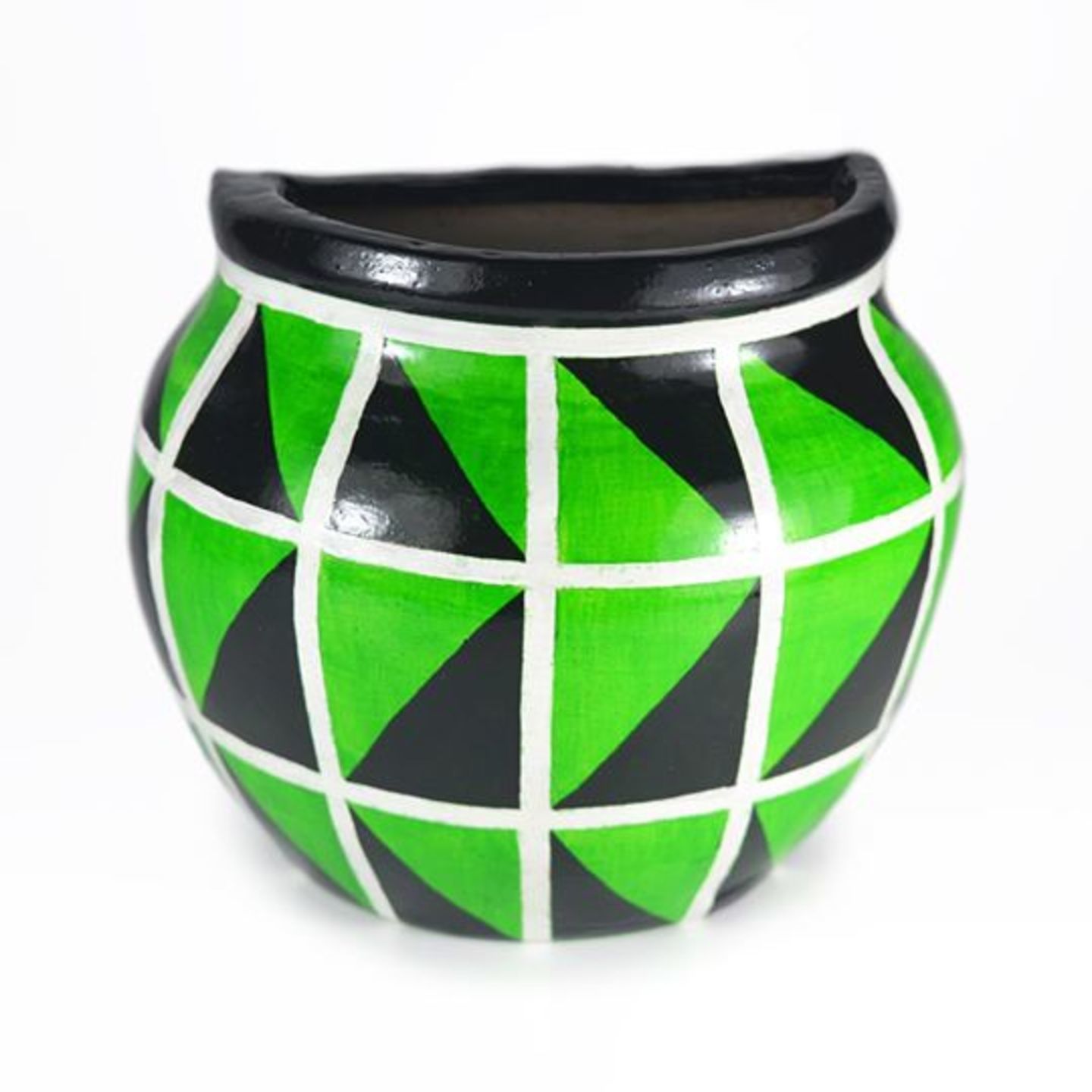 Half earthern pot with green and black coloured