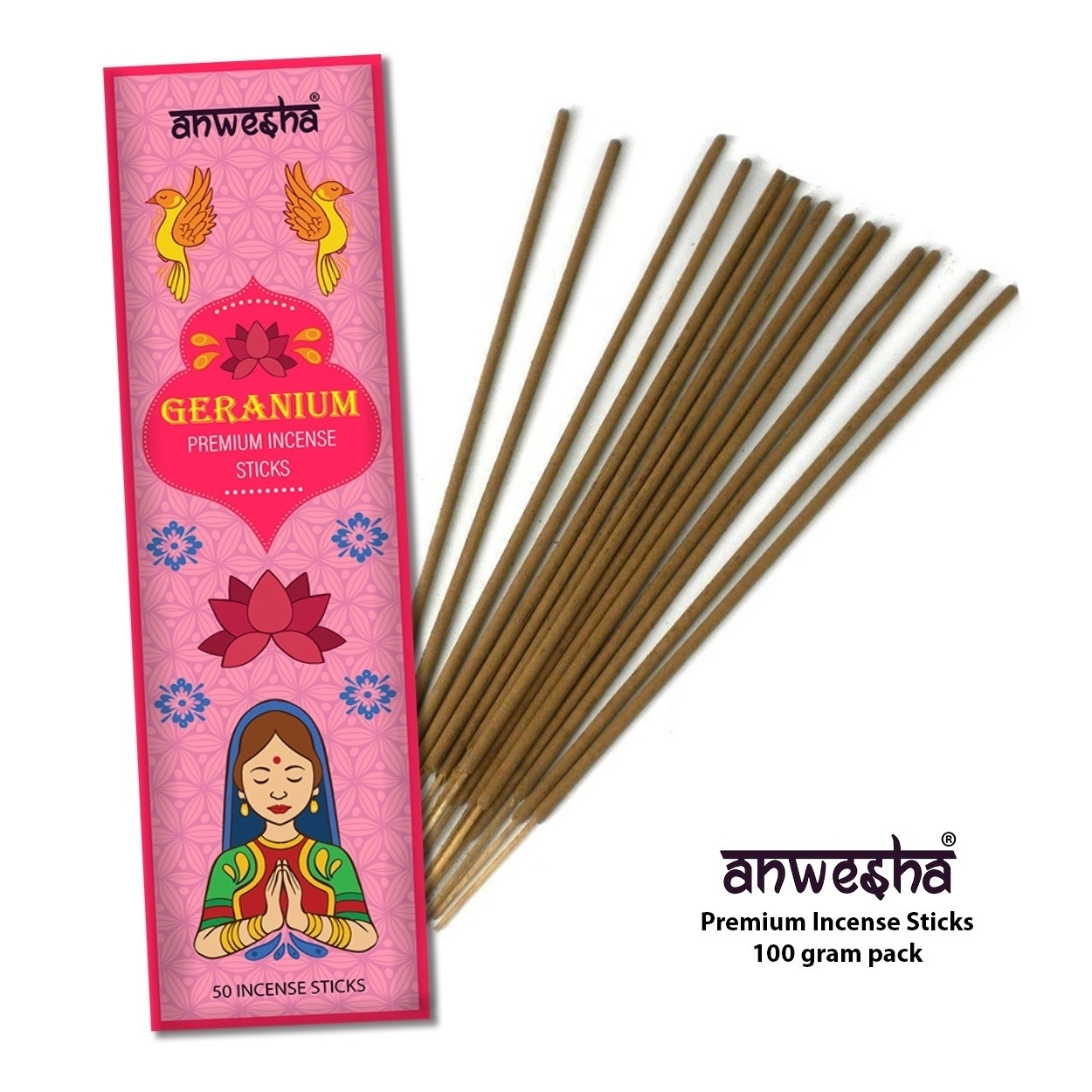 Geranium Natural Indian Incense Sticks - 100 Agarbatti Pack