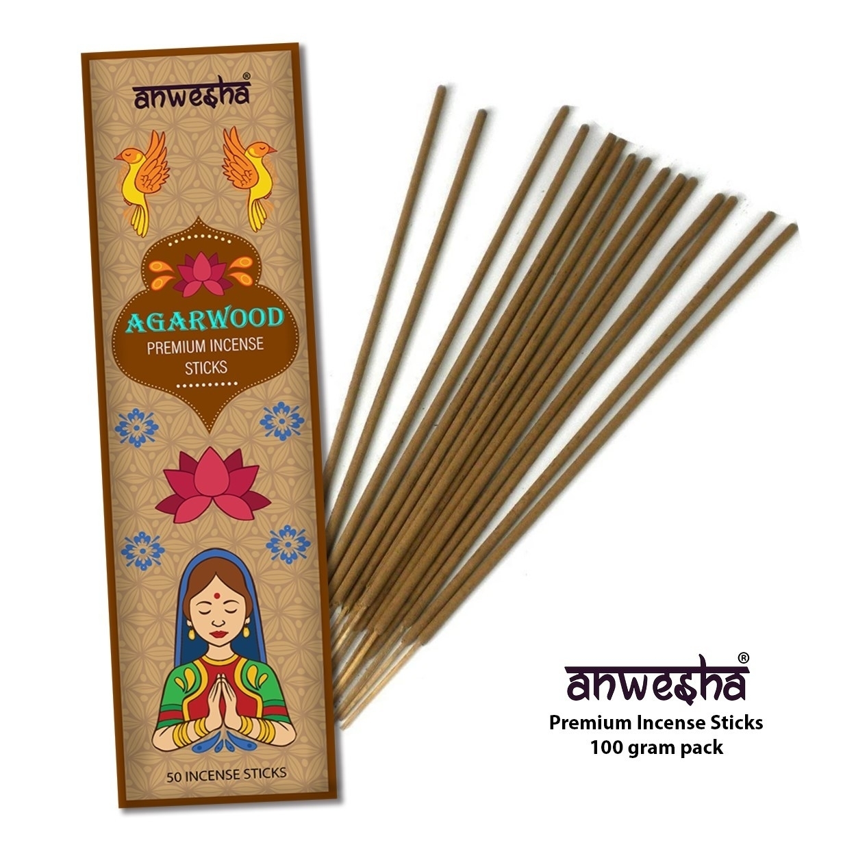 Agarwood Natural Indian Incense Sticks - 100 Agarbatti Pack