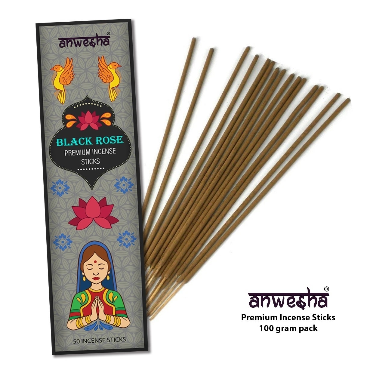 Black Rose Natural Indian Incense Sticks - 100 Agarbatti Pack