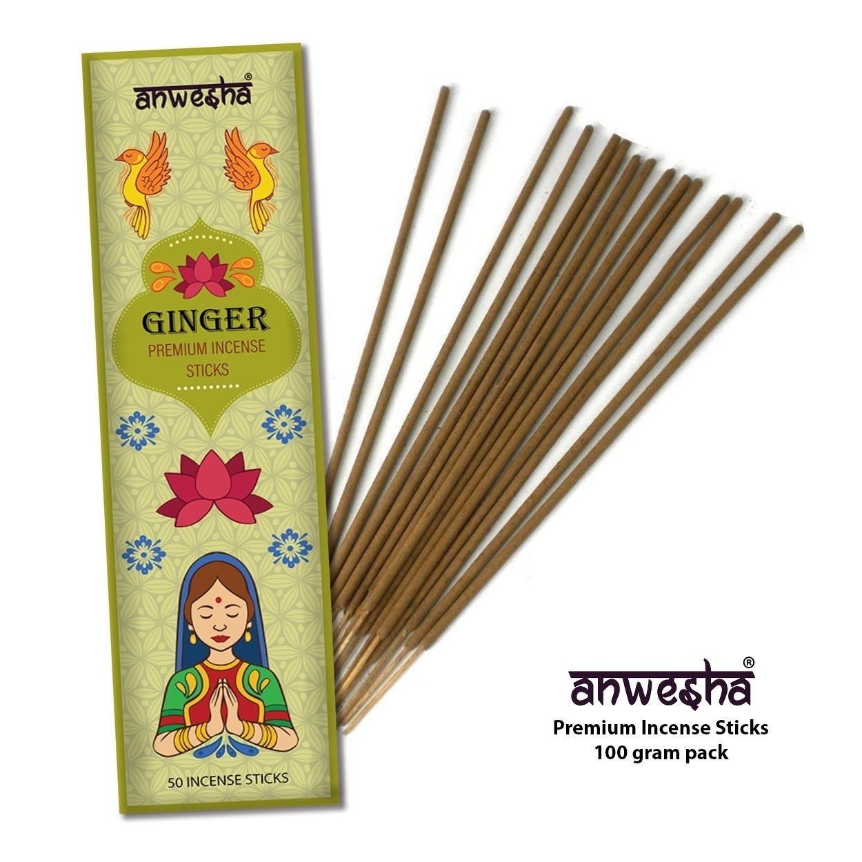 Ginger Natural Indian Incense Sticks - 100 Agarbatti Pack