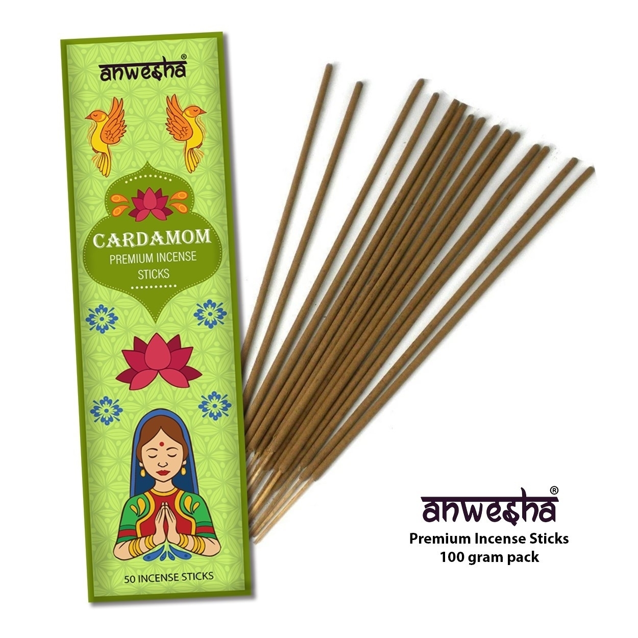 Cardamom Natural Indian Incense Sticks - 100 Agarbatti Pack