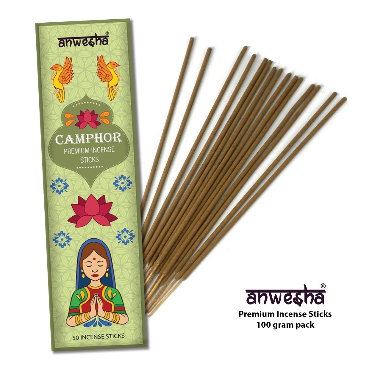 Camphor Natural Indian Incense Sticks - 100 Agarbatti Pack