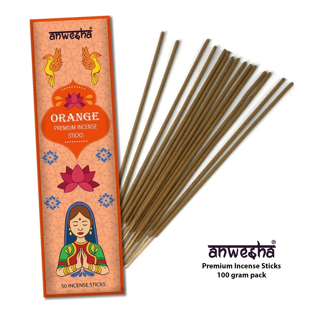 Orange Natural Indian Incense Sticks - 100 Agarbatti Pack