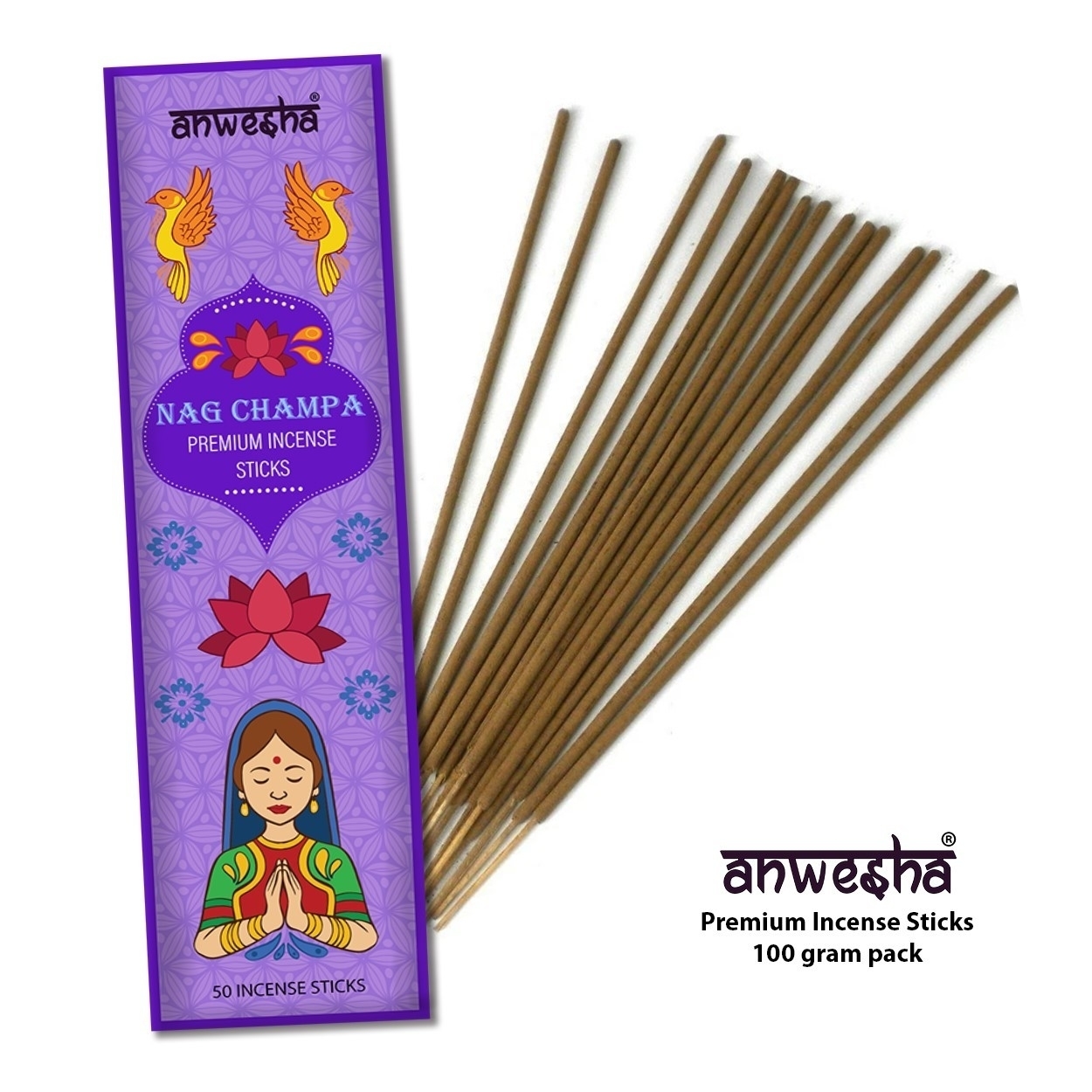 Nag Champa Natural Indian Incense Sticks - 100 Agarbatti Pack