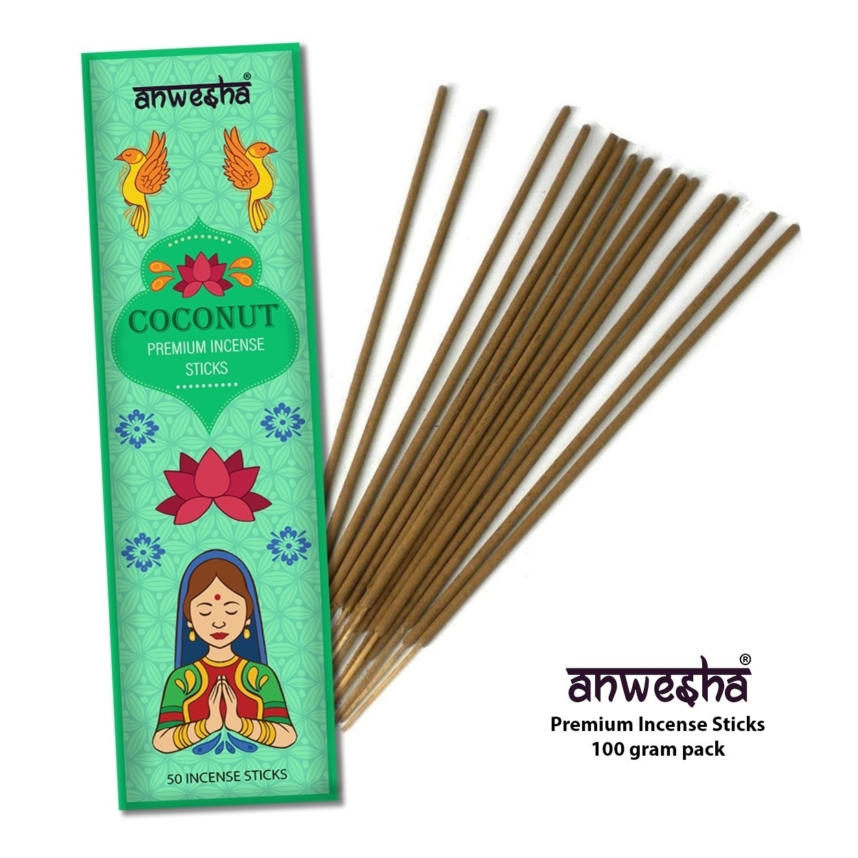 Coconut Natural Indian Incense Sticks - 100 Agarbatti Pack