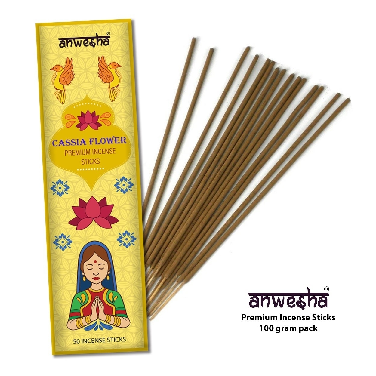 Cassia Flower Natural Indian Incense Sticks - 100 Agarbatti Pack