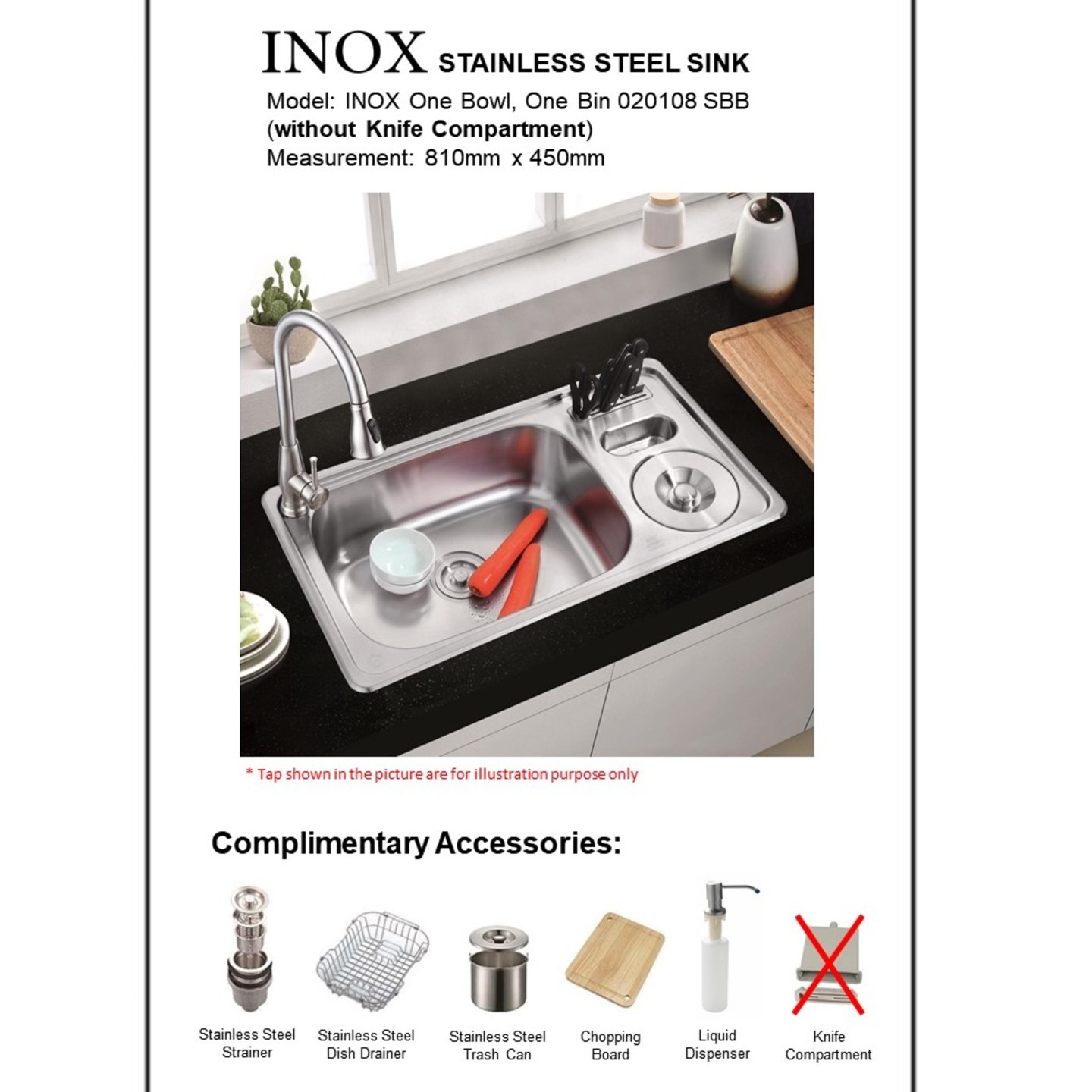 INOX One Bowl, One Bin 020108 SBB  without Knife Compartment