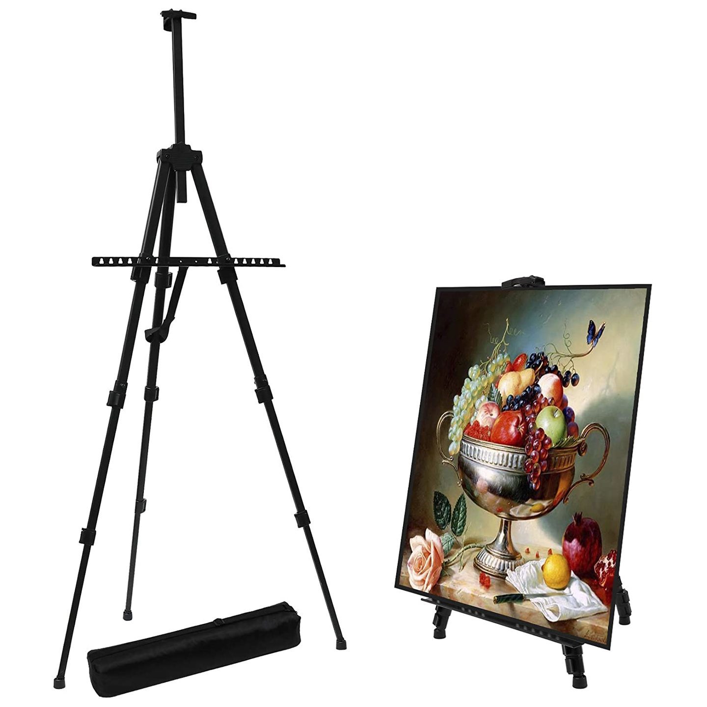 Qatalitic 66 Inch Sturdy Black Aluminium Tripod Artist Field and Display Easel Stand - Adjustable Height 20" to 5.5 Feet, Holds 32" Canvas - Floor and Tabletop Displaying, Painting - Portable Bag