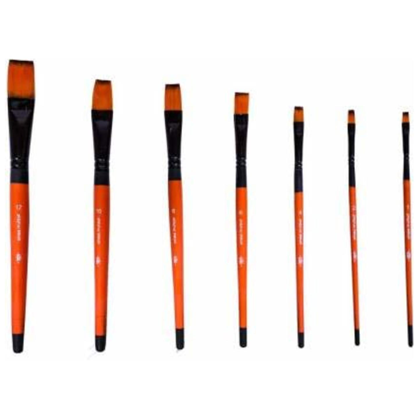 Qatalitic Flat Matte Taklon Brush Bi Colour for Hobby, School & Decorative Art Synthetic Hair Paintbrush for Watercolour and Acrylic Painting (Wood) Set of 7 Brushes Orange&Black Coloured with Matte Finish