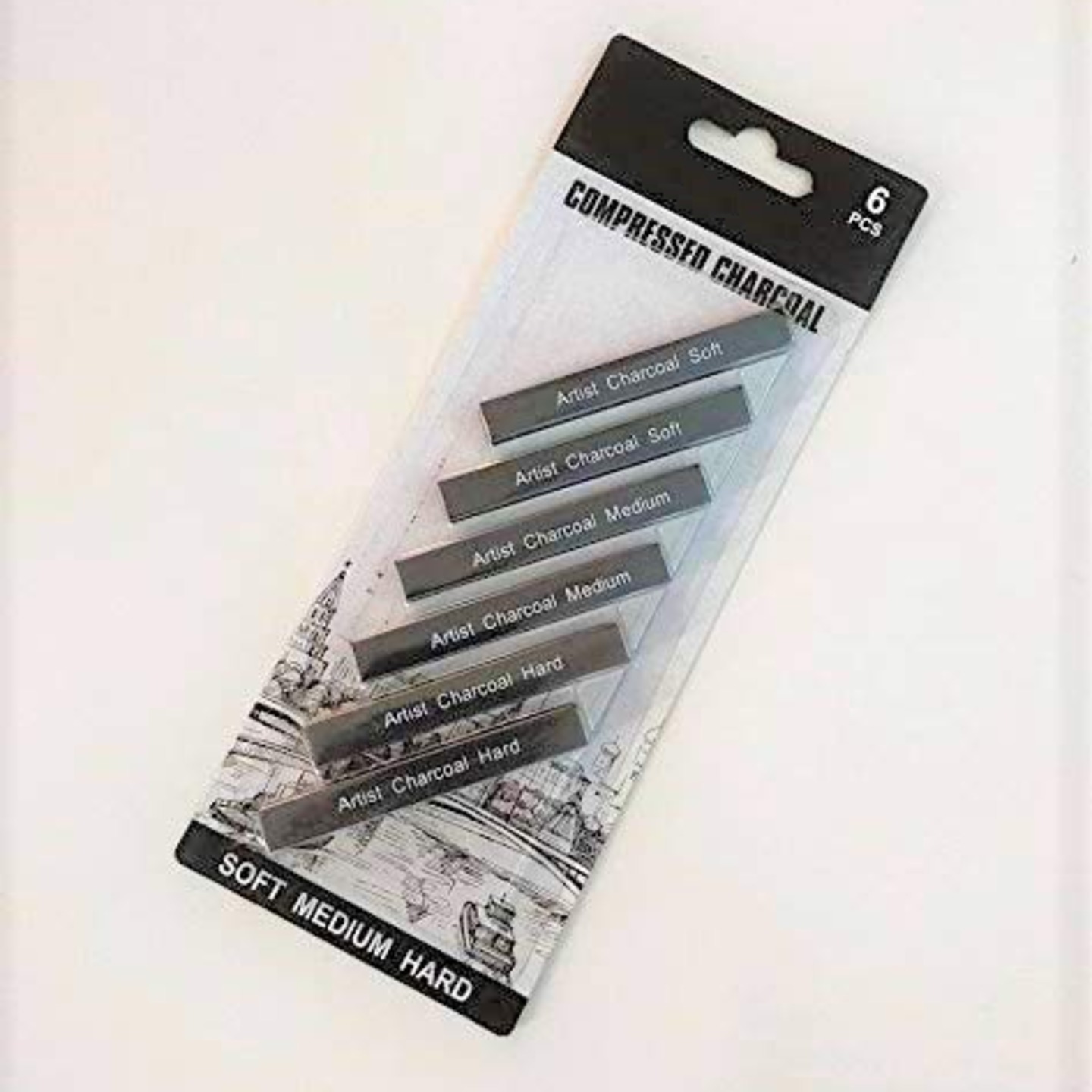 Qatalitic 6pcs Compressed Charcoal Sticks for Professional Drawing, Shading, Artist Painting ( 2 Soft 2 Medium 2 Hard ), Drawing Essential Tools Kit