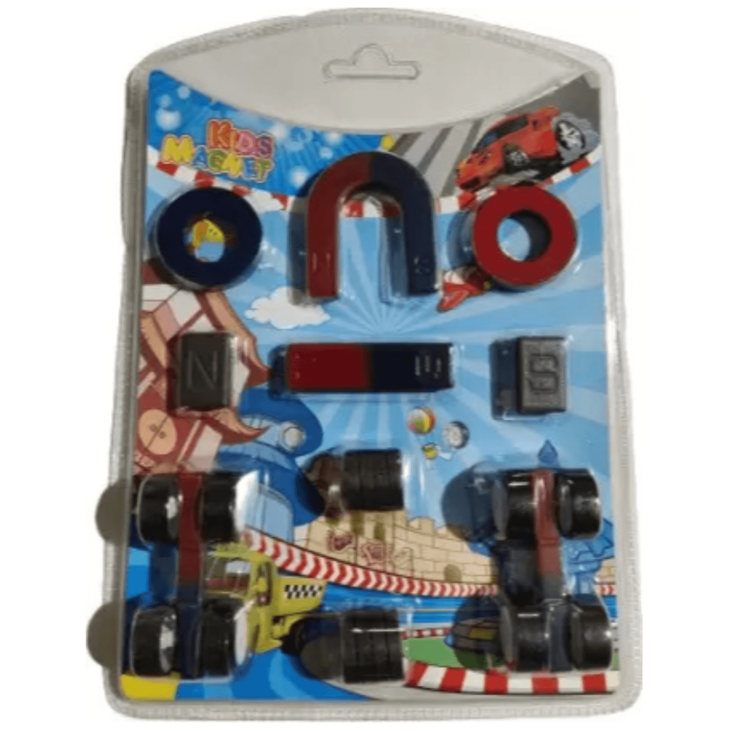 Qatalitic 16 Piece Magnet Car Game Kit with NS Magnet, U Magnet, Round Magnet, NS Black Magnet, Round Black Magnet, and 2 PC Car Magnet - Educational Toy