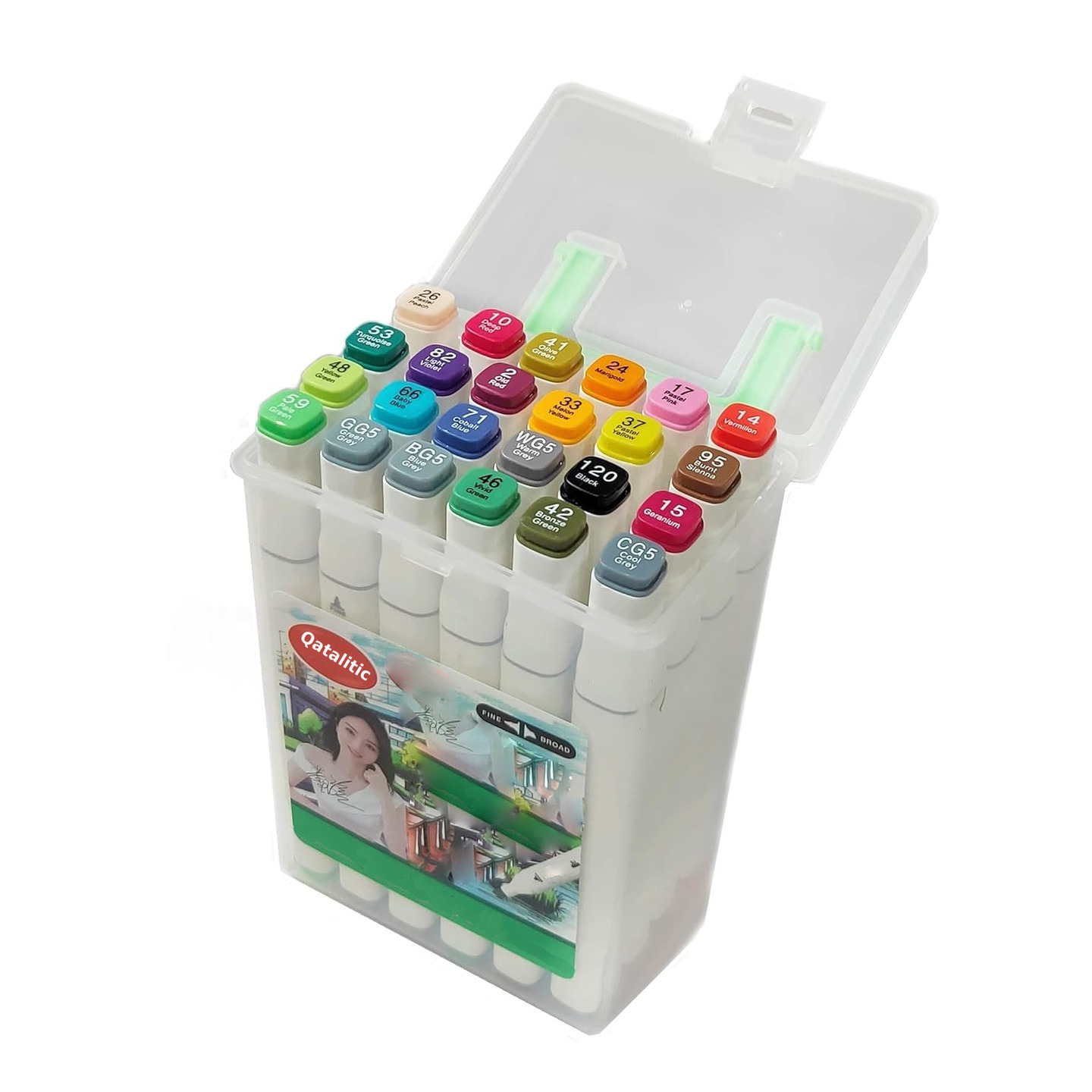 Qatalitic Set of 24 Colours Twin Head Art Markers Pen, Double Tipped Fine and Chisel Alcohol - Based Marker Set with Carrying Plastic Box, For Manga, Art Lovers, Designers And Artists White Body