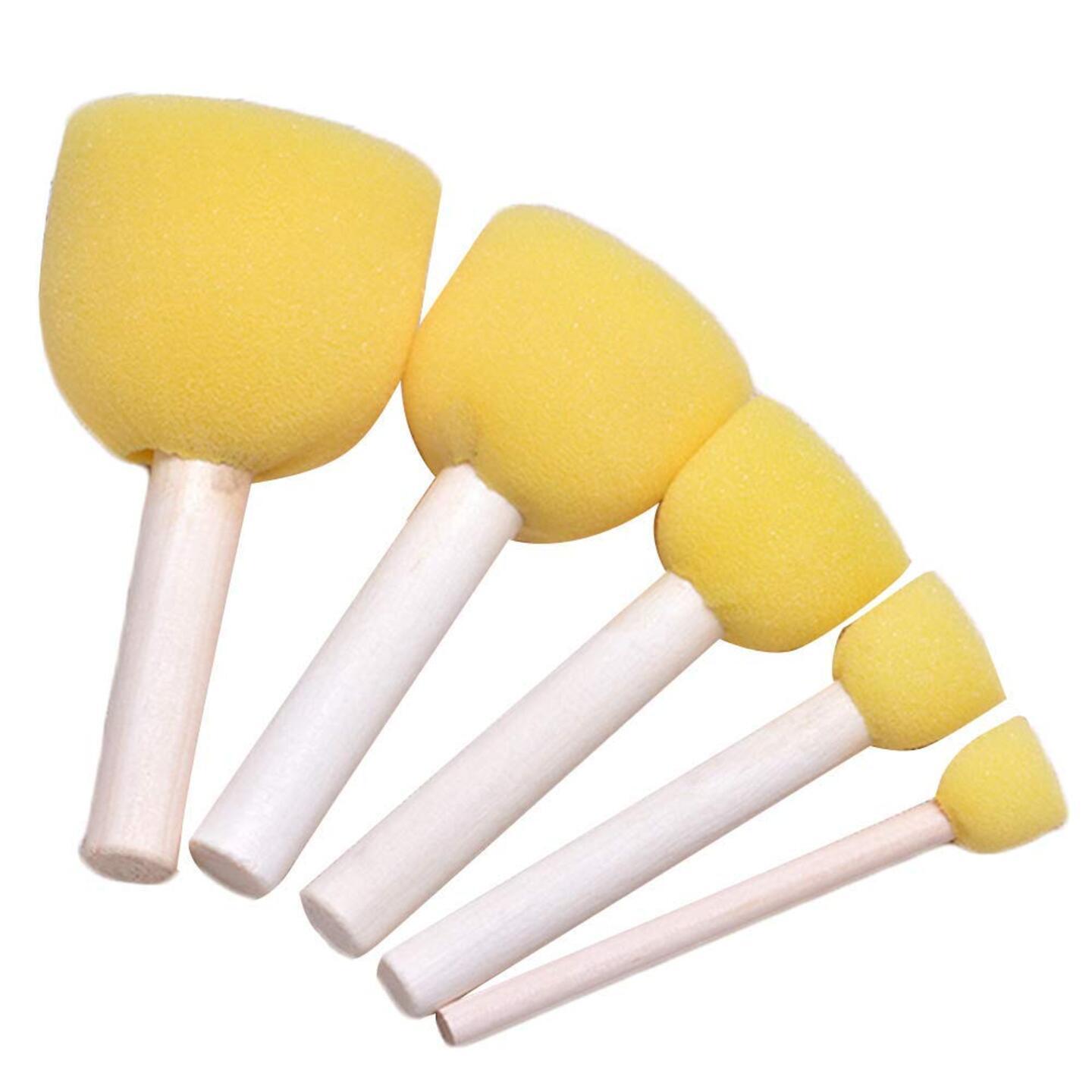 Qatalitic 5 Pcs Round Stencil Yellow Sponge Dabber, Wooden Handle Foam Brush For Art & Crafts, Stippler Set DIY Painting Tools