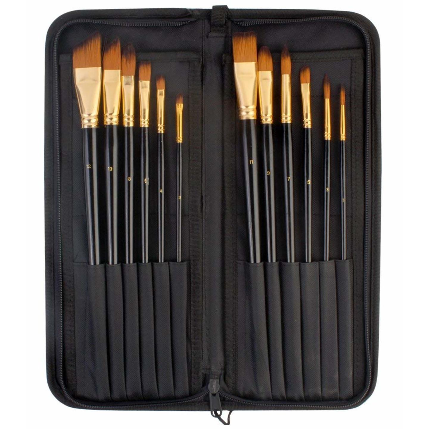 Qatalitic Set of 12 Long Handled Fine Art Premium Paint Brush Set + Zippered Brush Wallet with Pop Up Stand For Oil Acrylic Watercolor Painting