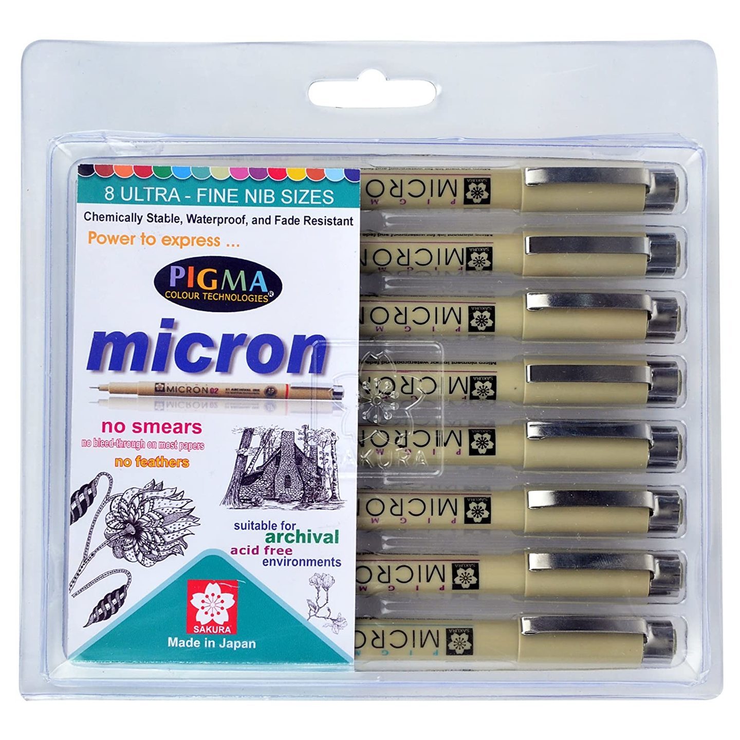 Qatalitic Pigma Micron Fine Line Pens - Set Of 8 Assorted Nibs In Black Colour (003,005,01,02,03,05,08 Tip)