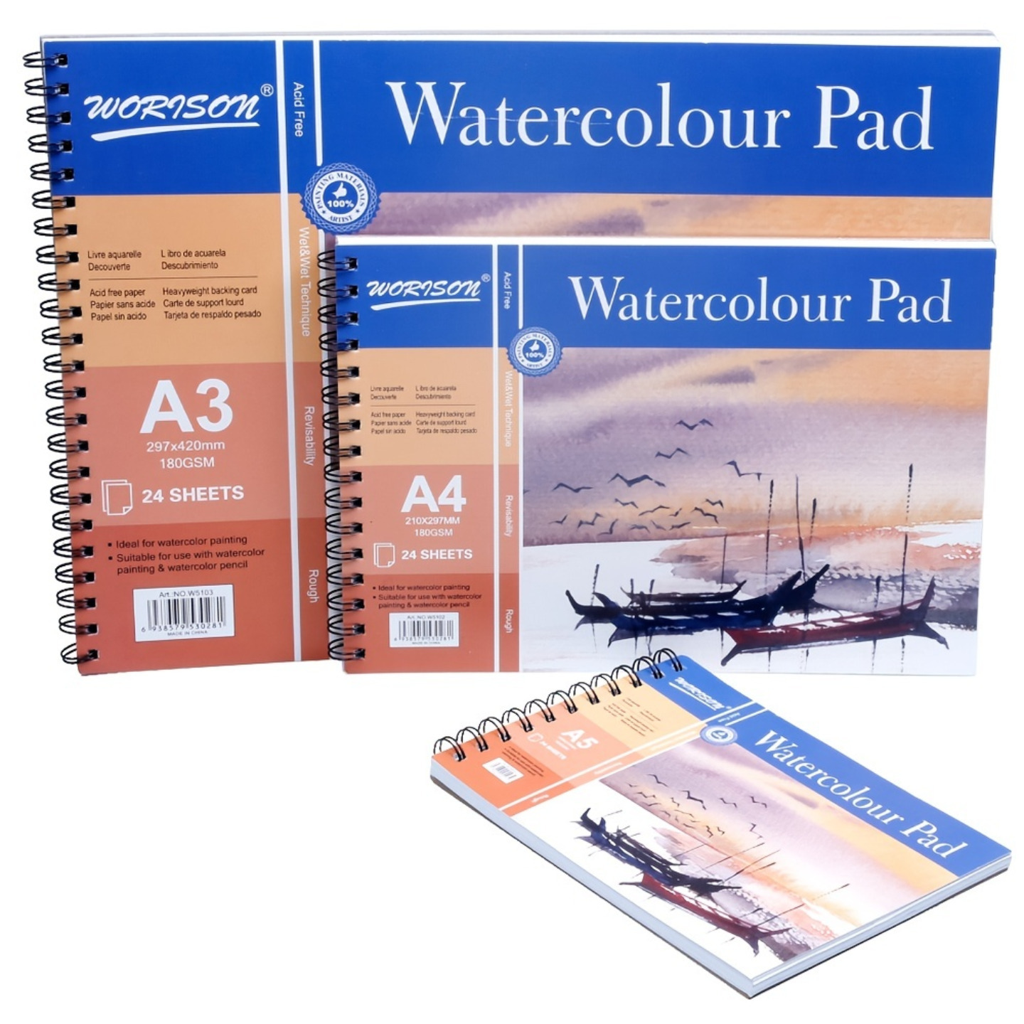 Qatalitic Colored Water Colour Paper 24 Sheets Spiral Watercolor Book Acid Free Paper 180 GSM A3 Size Multipurpose Drawing Notebook