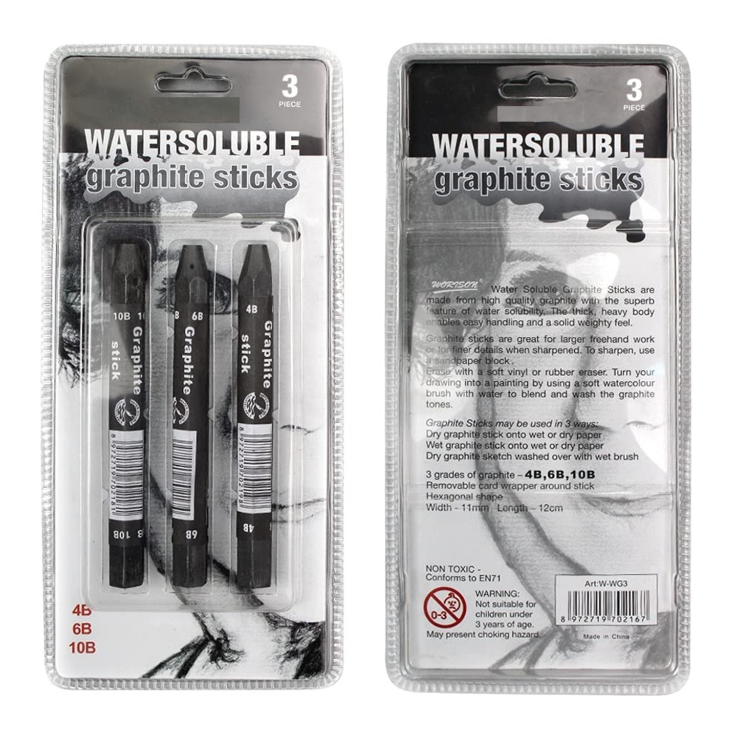 Qatalitic Pack of 3 Chunky Graphite Water Soluble Stick for Shading, Sketching and Drawing 