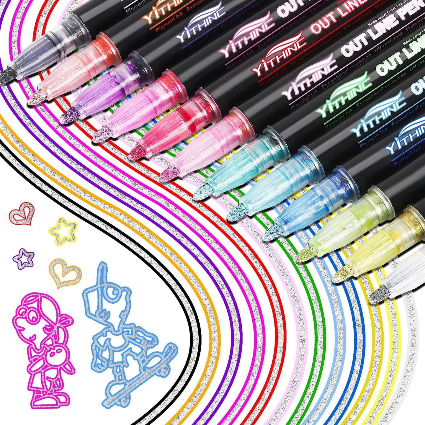 Qatalitic Metallic Markers - Set of 12 Glitter Writing and Drawing Pens with Double Line Chisel Point, Perfect for Gift Cards, Scrapbooking, and DIY Projects on Metal, Wood, and Ceramic