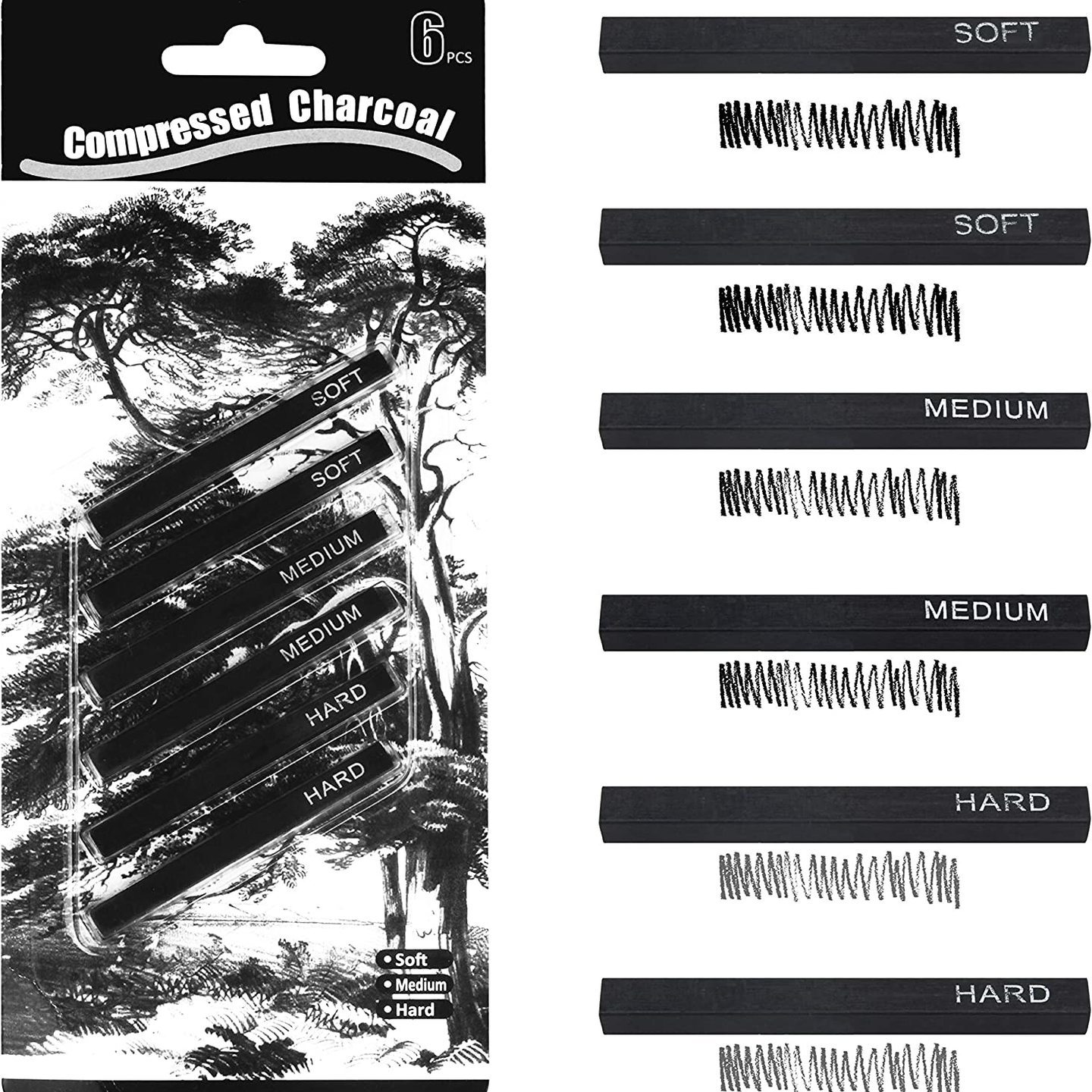 Qatalitic 6 PCS Compressed Charcoal Stick Drawing Charcoal Assorted Hard Medium Soft for Sketching, Drawing, Shading - Black
