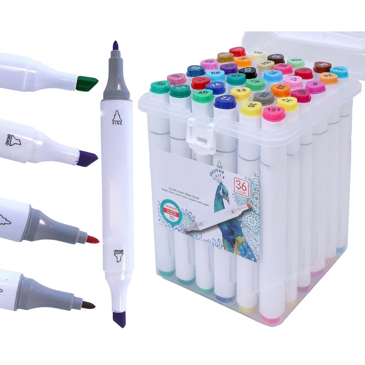 Qatalitic Set of 36 Colours Twin Head Art Markers Pen, Double Tipped Fine and Chisel Alcohol - Based Marker Set with Carrying Plastic Box, For Manga, Art Lovers, Designers And Artists White Body