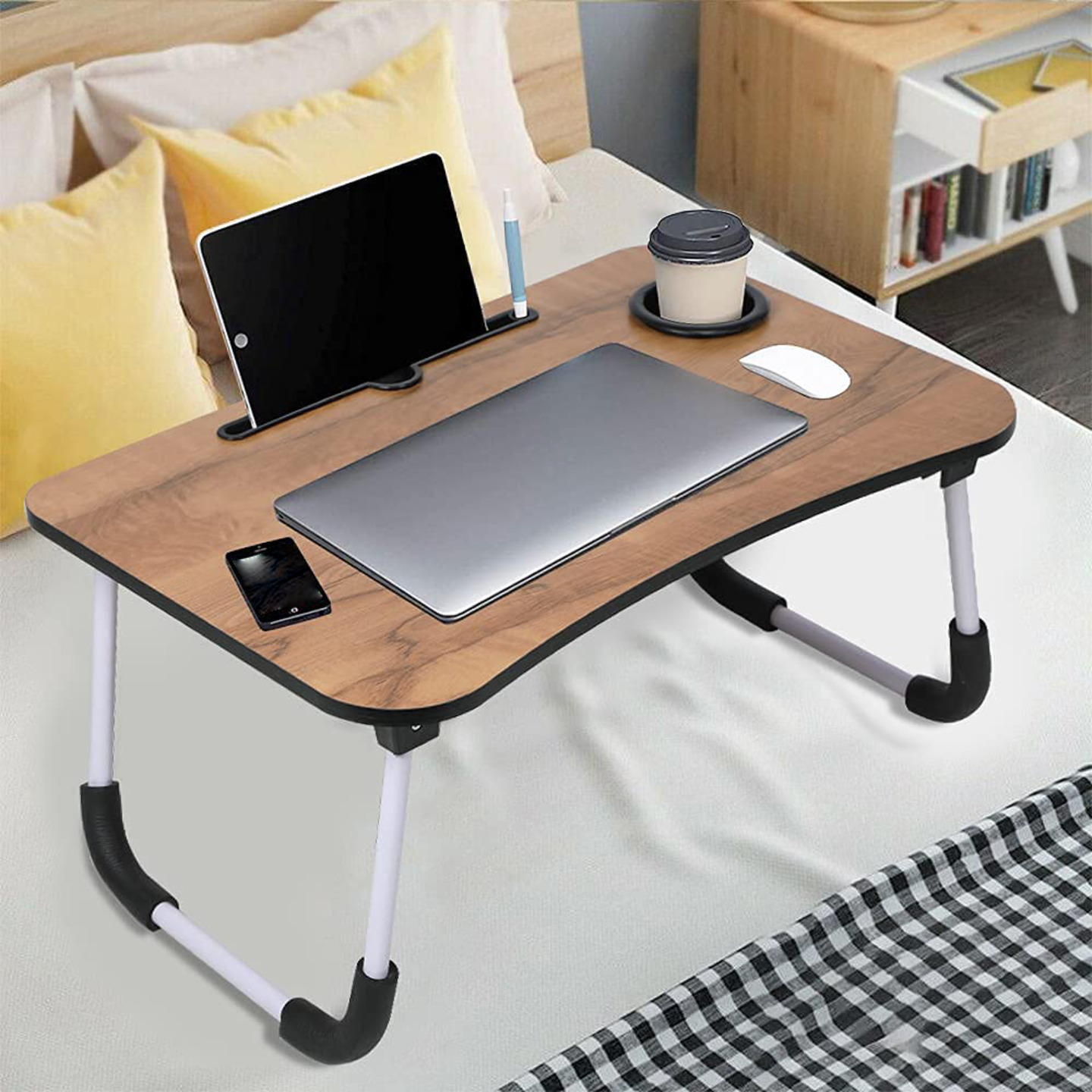 Qatalitic Wooden Foldable Laptop Table, Multi-Purpose Laptop Desk for Study and Reading, Non-Slip Legs Reading Table Tray & Lapdesk with Cup Holder for Bed Sofa Couch Floor - (Brown)