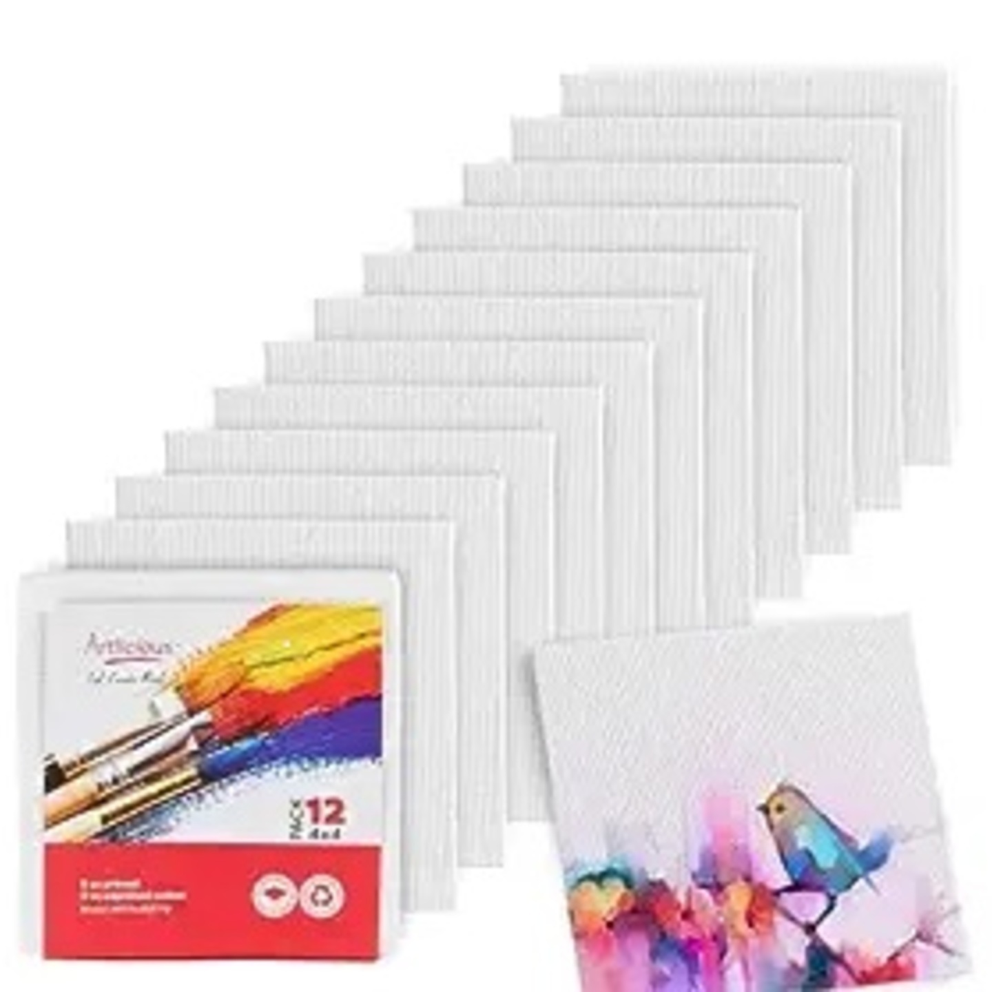 Qatalitic Canvases for Painting - Pack of 12, 4 x 4 Inch Blank White Canvas Boards - 100% Cotton Art Panels for Oil, Acrylic & Watercolor Paint