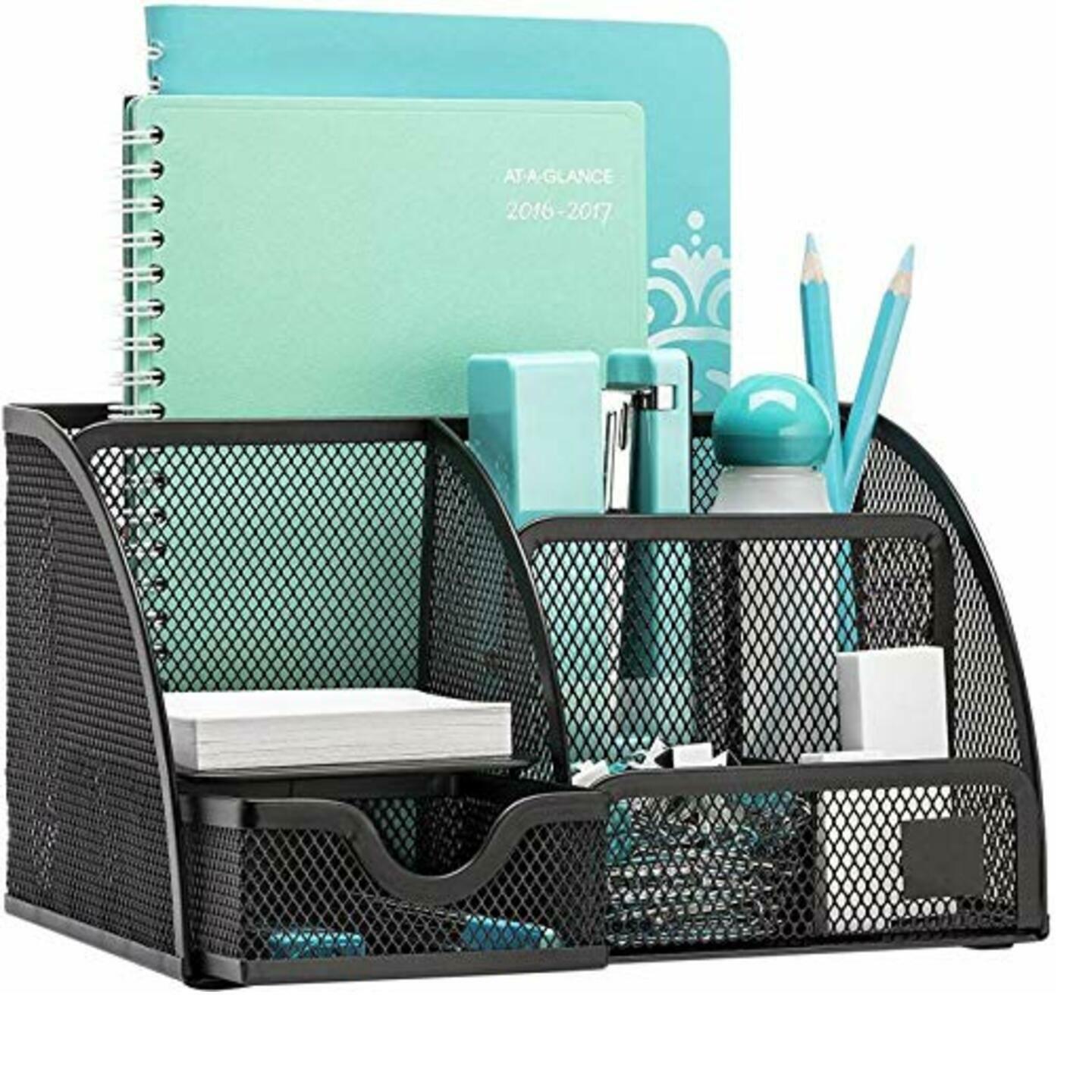 Qatalitic Desk Organisers, Office Mesh Desk Tidy Organiser 6 Components Pen Holder with Drawer Multifunctional Stationary Organiser Black