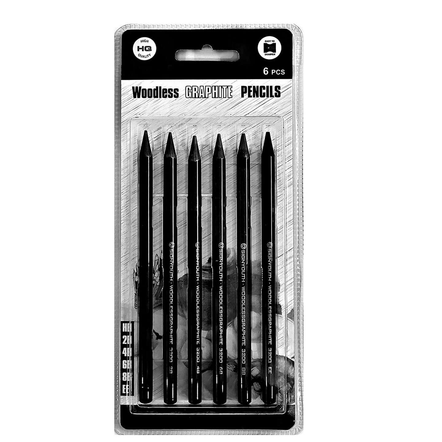 Qatalitic Woodless Graphite Black Charcoal Pencil Set of 6 | Sketching, Shading | Drawing Shading Pencils for Beginners to Professionals | Non-Toxic Sketching Pencils Art Supplies 