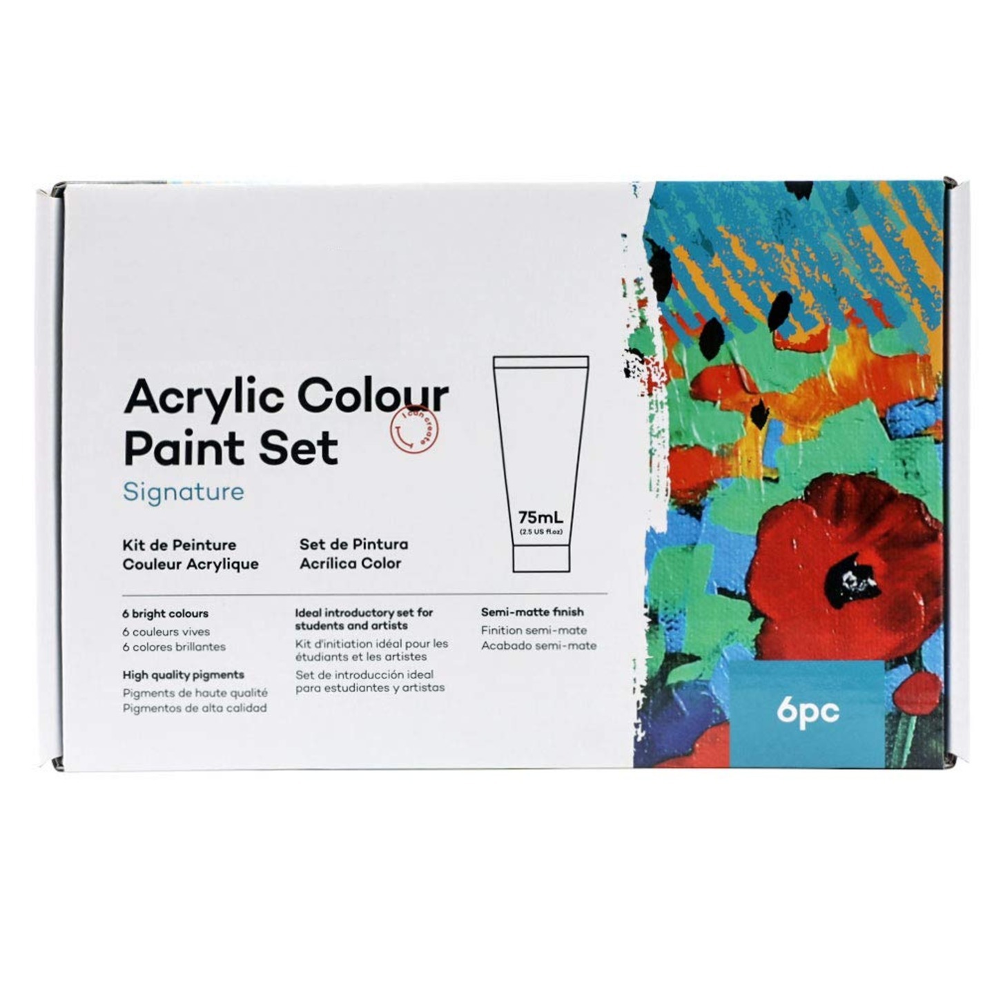 Qatalitic Signature 6 Pc x 75 ml, Acrylic Color Paint Set, Semi-Matte Finish, 6 Different Colors, Suitable for Most Surfaces Including Canvas, Card, Paper and Wood