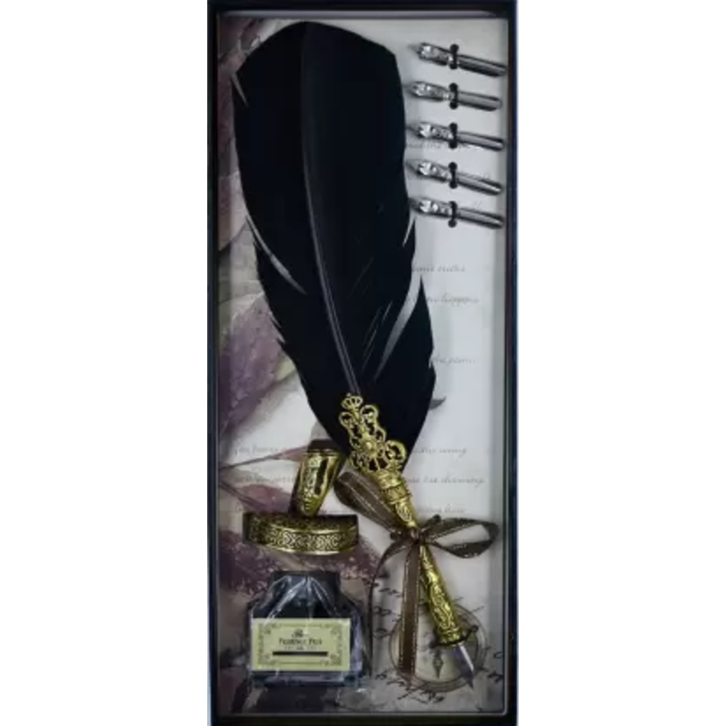 Qatalitic Classical Quill Pen Feather Set with Antique Black Feather and 5 Replacement Nibs And Black Ink - Perfect  Gift for Calligraphy Writing, Drawing, Signatures, and Decoration