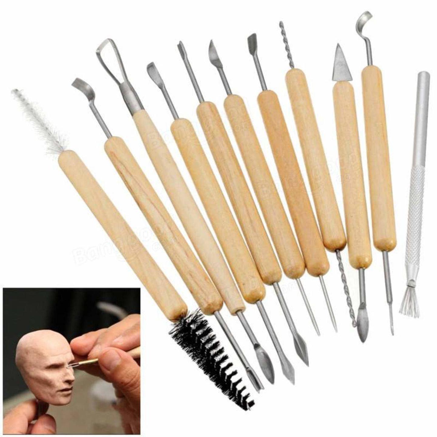 Qatalitic Ceramic 11 Pcs Wooden Handle Clay Pottery Sculpting Tools